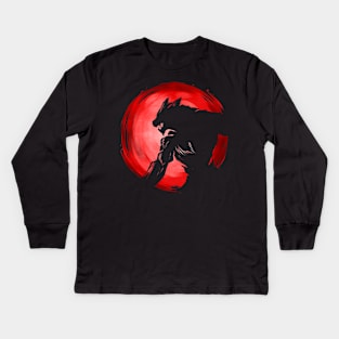 Werewolf Shadow In Front Of The Red Moon Halloween Kids Long Sleeve T-Shirt